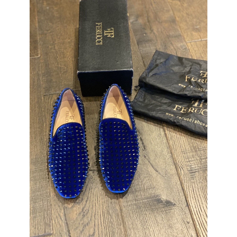 Men FERUCCI Blue Velvet Slippers Loafers Flat with Black Spikes size US 10 - Picture 2 of 11